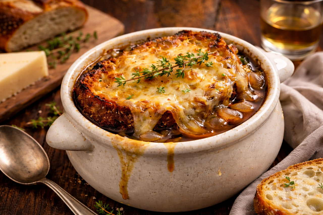 Luxury French Onion Soup in a bowl with bread